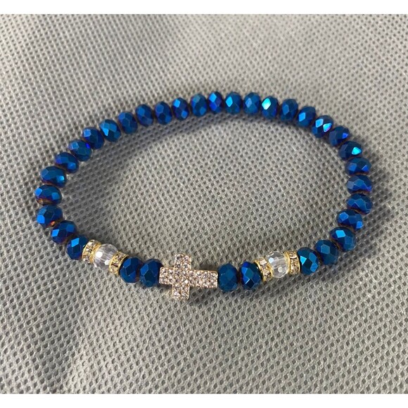 Metallic Iridescent Blue Cross Charm Bracelet Octagon Beads Multicolor Stretch - Picture 3 of 8